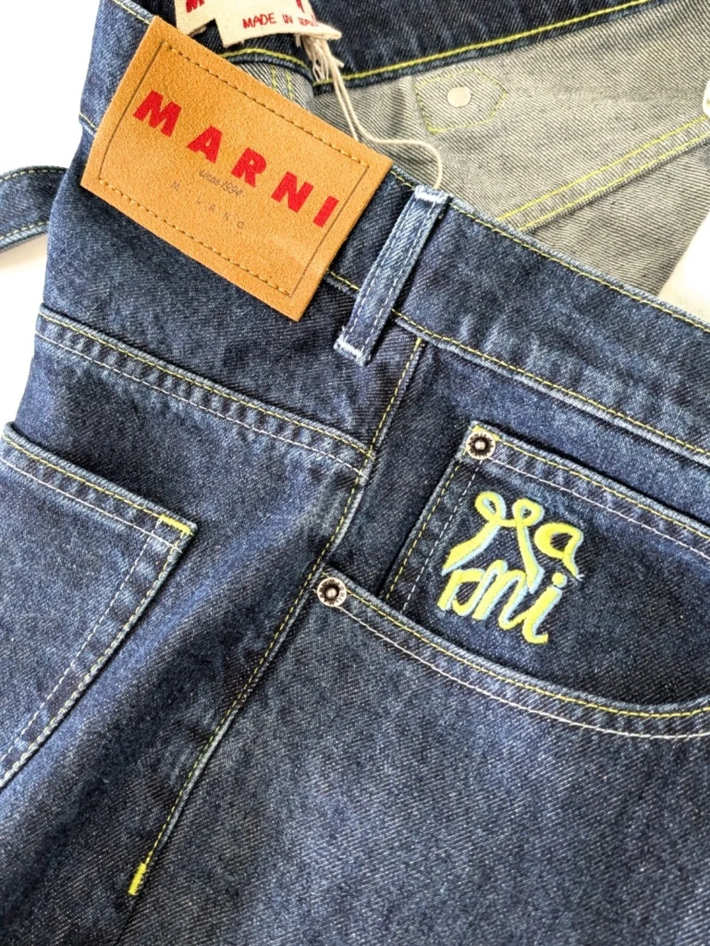 MARNI Wide Leg Denim Trousers Size 34 Blublack Unwashed Rigid contrast embroided